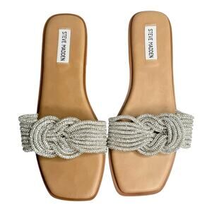 Steve Madden Slide Sandal Adore Rhinestone Bling Knot Front Womens Shoe 9 Silver